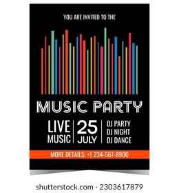 Music party banner, poster or invitation flyer with colourful stripes and white text on black background. Vector illustration in flat style for night club or disco dance club and nightlife promotion.