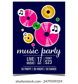 Music party banner or poster template with colourful vinyl records and musical notes. Invitation leaflet or flyer for concert, festival or disco dance event at nightclub with live DJ mix.
