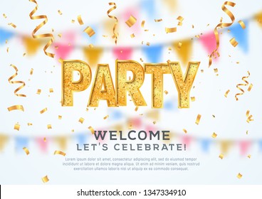 Music party banner. Welcome to festival vector illustration. Golden textured word on bright holiday blurred background