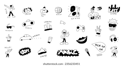 music party city life vector doodles characters , hand drawn sign and symbols