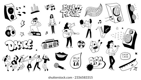 music party dance vector doodles characters , hand drawn sign and symbols