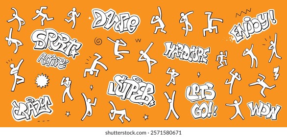 Music party dancing characters graffiti lettering  hand drawn doodles vector background