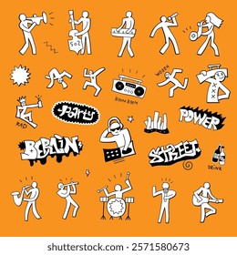 Music party dancing characters graffiti lettering  hand drawn doodles vector background