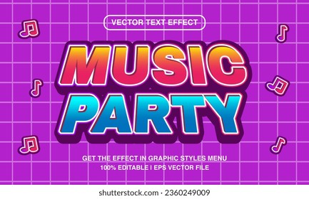 Plantilla de efecto de texto editable para fiesta musical, estilo de texto retro de caricatura 3d, vector premium	