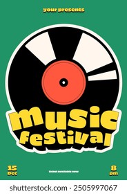 Music party festival poster template design. Vinyl record modern vintage retro with large text isolated on green background, vector illustration. Can be used for leaflet, flyer, print, banner