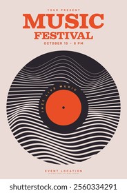 Music party festival poster template design. Vinyl record with wave line vintage retro isolated on beige color background. Can be used for leaflet, flyer, print, banner, vector illustration