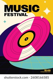 Music party festival poster template design background. Modern retro vinyl record neon color with grid floor. Can be used for leaflet, flyer, banner, print, advertisement, vector illustration
