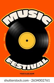 Music party festival poster template design. Vintage vinyl record bold style on orange background. Design element can be used for leaflet, flyer, print, banner, advertisement, vector illustration