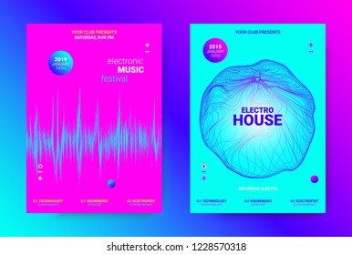 Music Party Flyer. Electronic Sound Event Promotion. Abstract Posters for Night Party. Futuristic Templates with Wave Distorted Dotted Lines. Techno Music Festival Advertising. Dance Party Background.