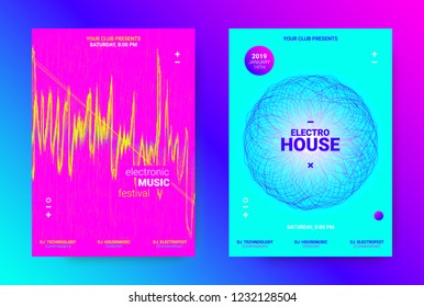 Music Party Flyer. Electronic Sound Event Promotion. Abstract Posters for Night Party. Futuristic Templates with Wave Distorted Dotted Lines. Techno Music Festival Advertising. Dance Party Background.