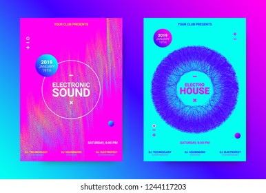 Music Party Flyer. Electronic Sound Event Promotion. Abstract Posters for Night Party. Futuristic Templates with Wave Distorted Dotted Lines. Techno Music Festival Advertising. Dance Party Background.