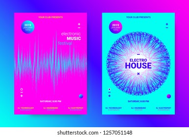 Music Party Flyer. Electronic Sound Event Promotion. Abstract Posters for Night Party. Futuristic Templates with Wave Distorted Dotted Lines. Techno Music Festival Advertising. Dance Party Background.