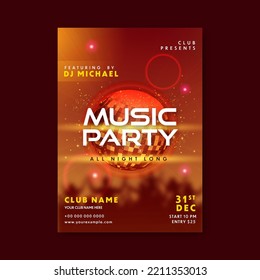 Music Party Flyer Or Invitation Card With Disco Ball, Lights Effect And Event Details For Publishing.