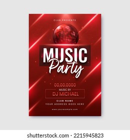 Music Party Flyer Or Invitation Card With Disco Ball On Red Light Lines Background.