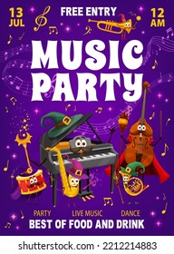 Music party flyer, mage and wizard musical instrument characters, vector sound music waves. Kids party flyer with cartoon music instrument piano wizard, trumpet mage and drum sorcerer with magic wand