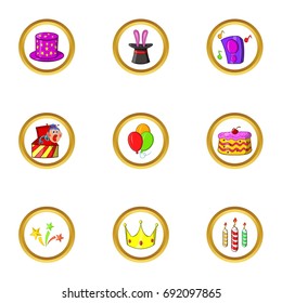 Music party icon set. Cartoon set of 9 music party vector icons for web isolated on white background