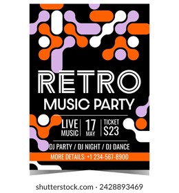 Music party invitation in old retro style with abstract elements on a black background. Vector leaflet, flyer, poster or banner for a disco dance show or entertainment event at night club.