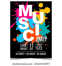 Musik-Party-Einladung Poster oder Banner mit bunten Blots, Punkte und Spritzen auf schwarzem Hintergrund. Vektordesign für Disco-Tanzveranstaltungen im Nachtclub mit Live-DJ-Set und Unterhaltungsshow.