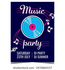 Music party invitation poster with vinyl record and musical notes flow. Banner, leaflet or flyer suitable for concert, festival, cultural and entertainment event with live DJ at disco dance occasion.