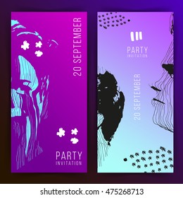 Music party invitation. Two variations gradient background. Flat design. Geometric elements. Abstract illustration. Minimalism. Faces. Hipster style