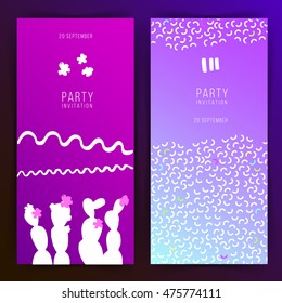 Music party invitation. Two variations gradient background. Flat design. Geometric elements. Abstract illustration with cactuses. Minimalism. Hipster style. Memphis