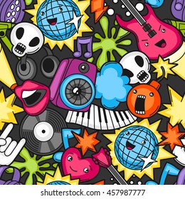 Music Party Kawaii Seamless Pattern. Musical Instruments, Symbols And Objects In Cartoon Style.