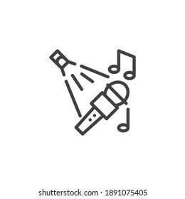 Icono de línea de fiesta musical. signo de estilo lineal para concepto móvil y diseño web. Micrófono con nota musical e icono vector de contorno de foco. Símbolo, ilustración del logotipo. Gráficos vectoriales