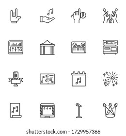 Music party line icons set, outline vector symbol collection, linear style pictogram pack. Signs, logo illustration. Set includes icons as rock music, microphone, dj mixer, fireworks, concert stage