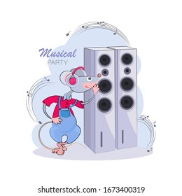Music party. Little Mouse DJ Speaker System. Party poster,  postcard. Emblem design for baby t-shirt. Chinese symbol of 2020.Vector illustration isolated on a white background.