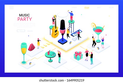 Music party - modern isometric vector web banner on white background with copy space for text. A header with happy people having a good time in a club, dancing, drinking cocktails, playing the guitar