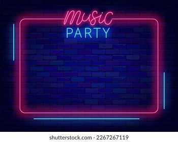 Music party neon advertising. Dance night club announcement. Pink frame with lines on brick wall. Karaoke and talent concert. Minimal banner. Copy space. Bright flyer. Vector stock illustration