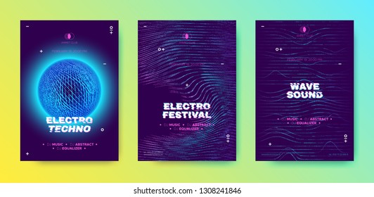 Music Party Poster, Electronic Sound, Abstract Wave Flyer. Technology Background with 3d Neon Circle, Distorted Dotted Lines. Dj Party Event Promotion, Techno Festival. Movement and Illusion Effect.