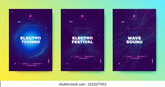 Music Party Poster, Electronic Sound, Abstract Wave Flyer. Technology Background with 3d Neon Circle, Distorted Dotted Lines. Dj Party Event Promotion, Techno Festival. Movement and Illusion Effect.