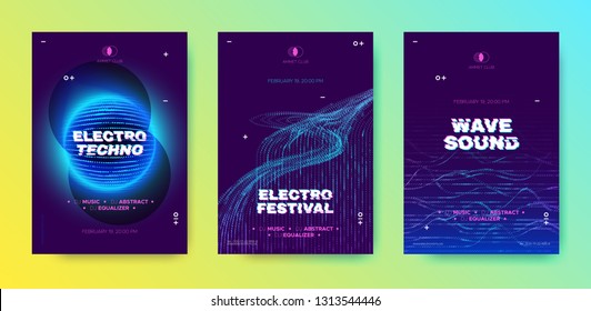 Music Party Poster, Electronic Sound, Abstract Wave Flyer. Technology Background with 3d Neon Circle, Distorted Dotted Lines. Dj Party Event Promotion, Techno Festival. Movement and Illusion Effect.