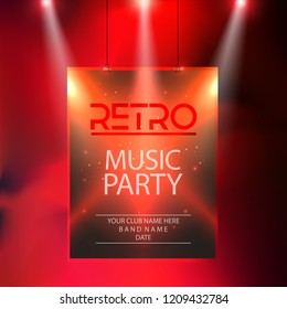 Music party poster, party flyer template vector illustration. Music party promotional banner with lights and reflectors