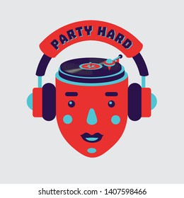 Music party poster with head and turntable. Night club sign. Isolated vector symbol for dance festival.
