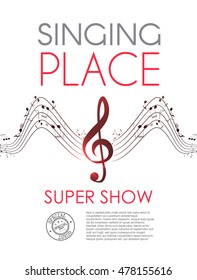 Music Party Poster. Super Show Design. Concert Flyer with Notes and Bokeh Lights. Vector illustration