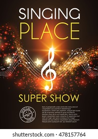 Music Party Poster. Super Show Design. Concert Flyer With Notes And Bokeh Lights. Vector Illustration