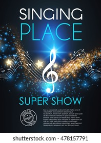 Music Party Poster. Super Show Design. Concert Flyer with Notes and Bokeh Lights. Vector illustration