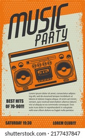 Fiesta musical. Plantilla de póster con boombox de estilo retro. Elemento de diseño para banner, signo, volante. Ilustración del vector