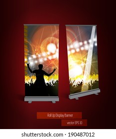 Music party roll up banner, vector