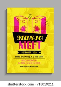 Music Party Template, Party Flyer, Party Banner or Club Invitation presentation with date and place details in yellow and pink colors.
