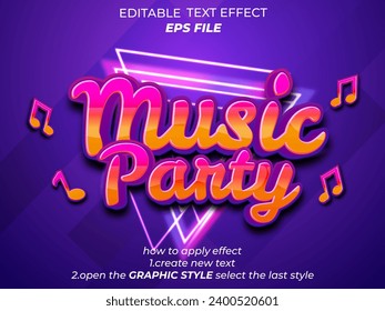 music party  text effect, font editable, typography, 3d text. vector template