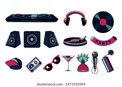 Music party vector icon set. Dance night club signs collection. Electronic festival design elements.