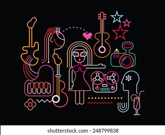 Music party vector illustration. Neon light silhouettes on black background. 