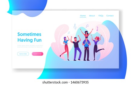 Music Party Website Landing Page, Group of Young People Visiting Concert, Fans Cheering with Hands Up, Girl Sitting on Man's Shoulders, Friends Leisure Web Page. Cartoon Flat Vector Illustration, Banner