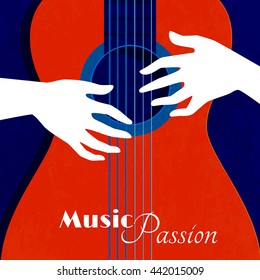 Music passion poster with red guitar silhouette on blue background and male hands on strings flat vector illustration 