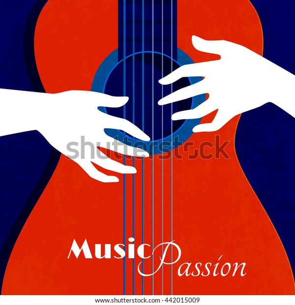 青の背景に音楽のパッションポスターと赤いギターシルエット 弦の上に男性の手平なベクターイラスト のベクター画像素材 ロイヤリティフリー