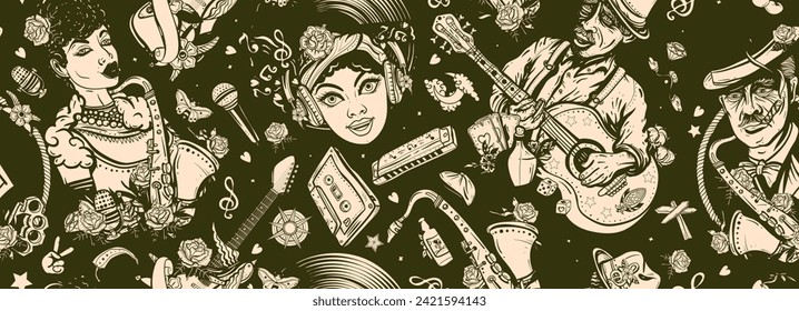 Music pattern. Blues, funk, soul and jazz musical background. African American funky girl, bluesman playing slide guitar, beautiful black woman and saxophone. Multicultural art. Musicians lifestyle