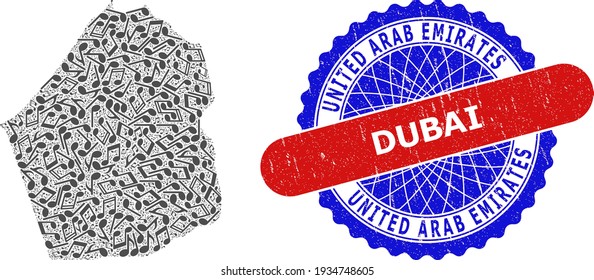 Music Pattern for Dubai Emirate Map and Bicolor Scratched Stamp Badge